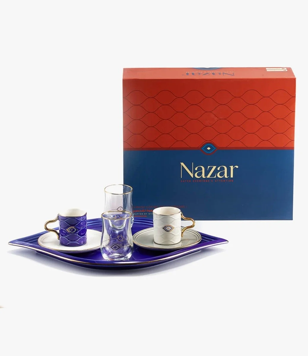 طقم قهوة تركي - نزار -  ازرق غامق وابيض