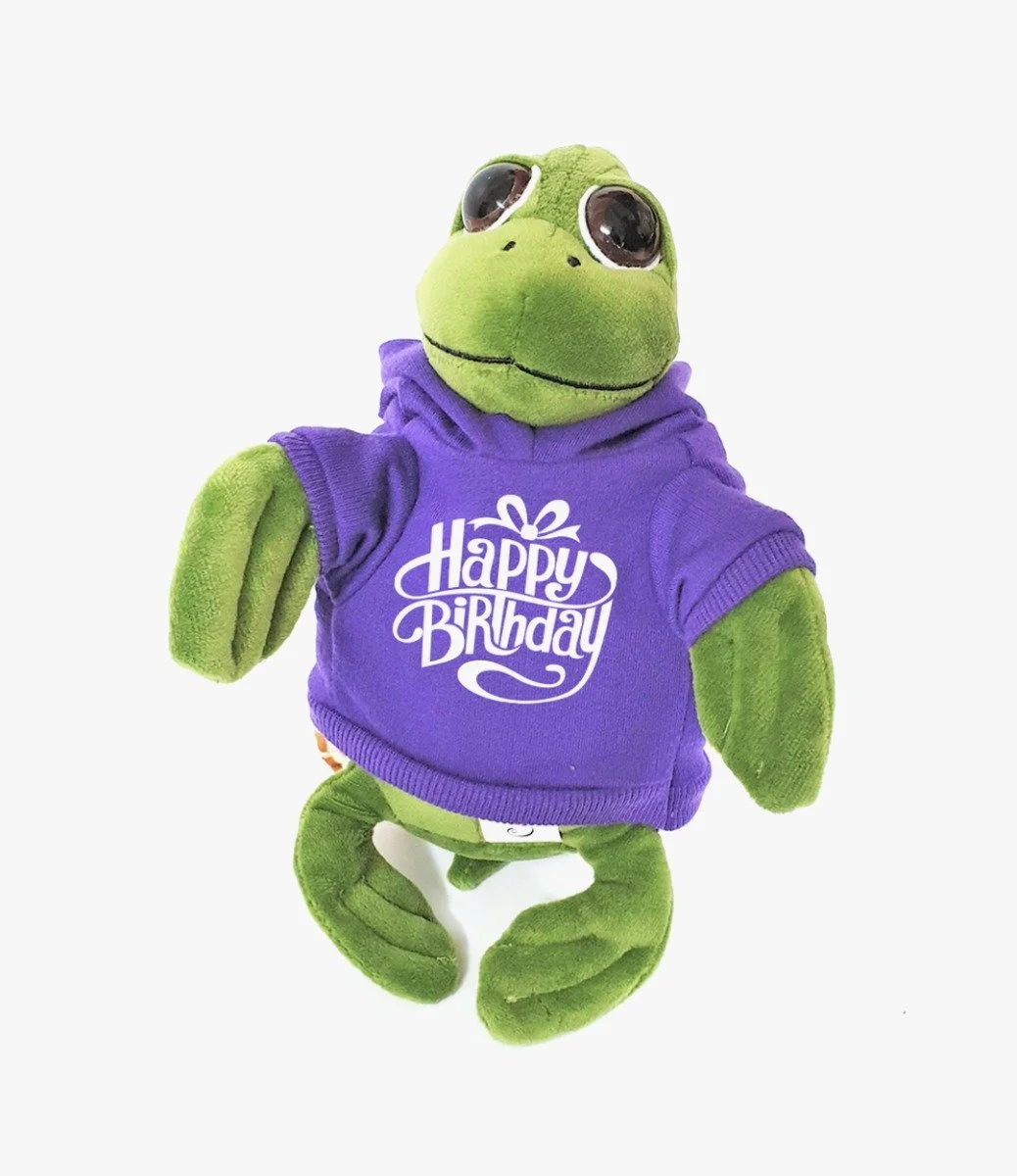 Green Turtle with Happy Birthday on Purple Hoodie 20cm