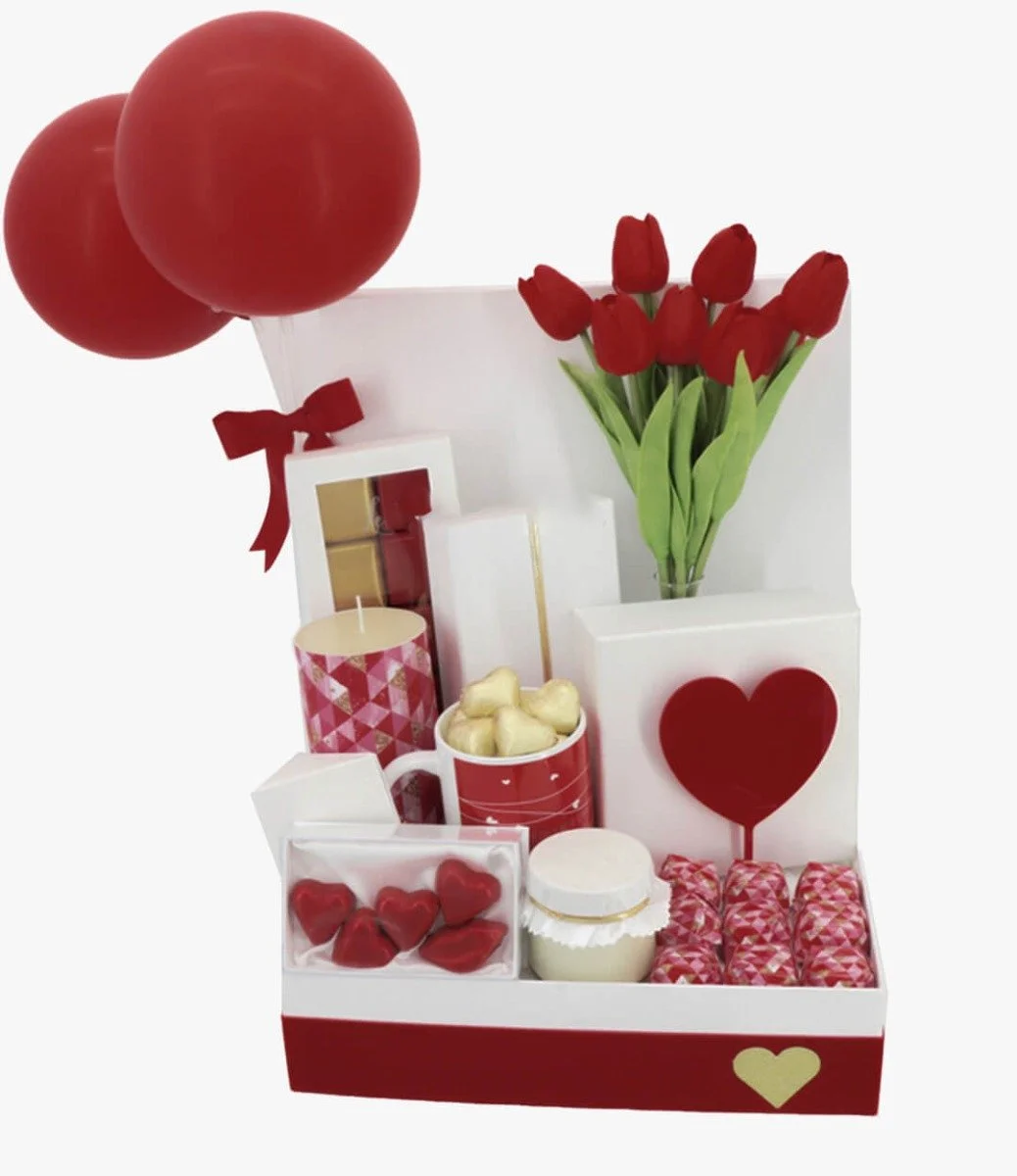 Valentine Large Luxury Chocolate Flowers Balloons Luxury Hamper by Le Chocolatier Dubai