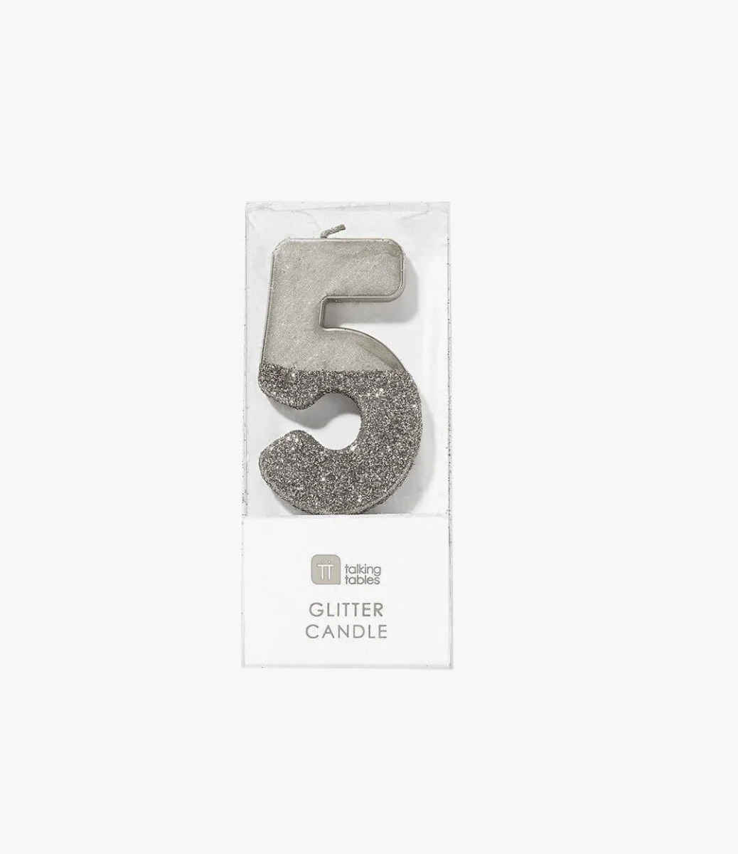 We Heart Birthday Glitter Number Silver Candle '5' by Talking Tables