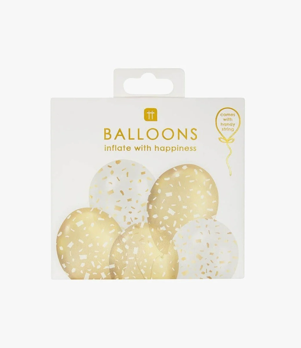 White & Gold Latex Balloons with Confetti Design 5pc Pack by Talking Tables