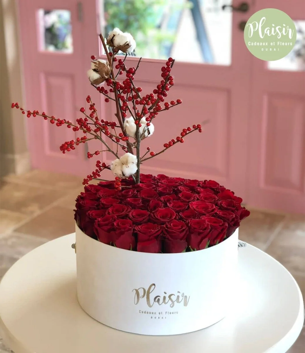 White Hatbox Flat Rose with Berries Cotton Flowers By Plaisir