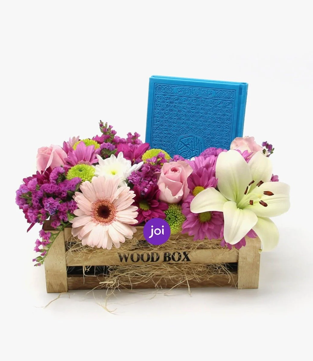 Wood Box with Flowers and Holy Quran (Blue)