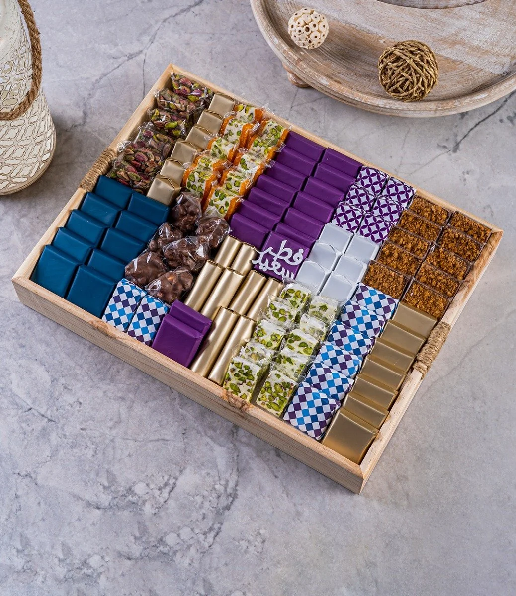 Wrapped Chocolate Arrangement in Rectangular Wooden Tray- Large