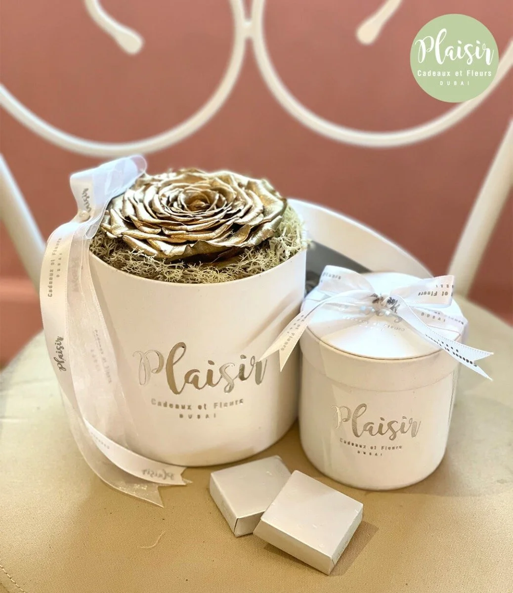XL Gold Infinity Rose Cylinder and Patchi Chocolate Giftset in White by Plaisir