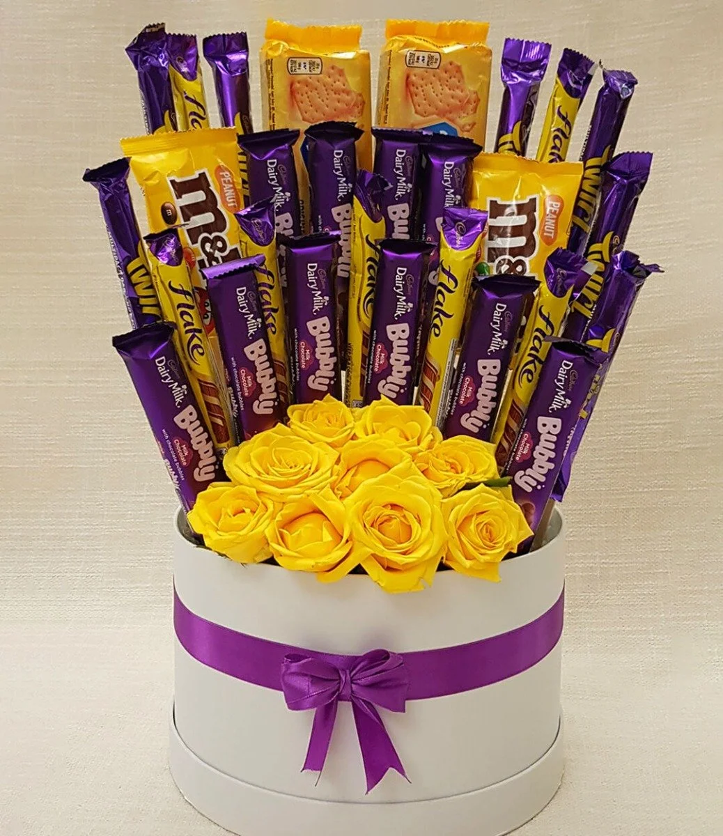 Yellow & Purple Chocolates and Flowers Box
