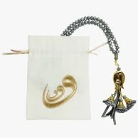 Grey Rose Tassel Prayer Beads with Arabic Letter Waaw Pocket Grey & White by Fofinha