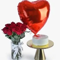 13 Roses Bouquet with Happy Valentine Cake by Bakery and Co and Red Heart Helium Foil Balloon