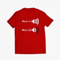 Men's Red Printed T-shirt with Writing Music World