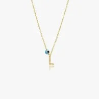 Gold Necklace Decorated With the Letter L and Blue Bead