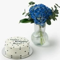 Blue & White Hearts Cute Cake & Flowers Bundle