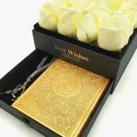 A Box of White Roses with a Golden Quran Book & a Rosary