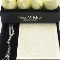 A Box of White Roses with a White Book & a Rosary