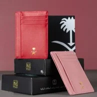 Pink Leather Card Wallet With Golden Sword and Palm Logo