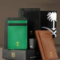 Black Leather Card Wallet With Golden Sword and Palm Logo