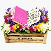 Colored Quran with Stand Flower Arrangement - Fushia