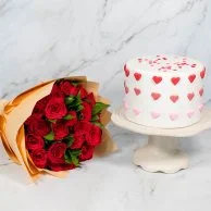 Cute Hearts Cake and Red Roses Bouquet By Secrets