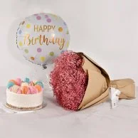 Lemon Macaron Cake & Pink Gypsophilia Birthday Bundle By Secrets