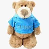 Mascot Bear with trendy Blue Velour Hoodie "DUBAI" Size 28cm - Embroidered