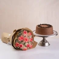 Mocha Cake & Pink Roses Bouquet by Sugar Daddy's Bakery