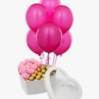Pink Roses with Choco Heart-Shaped Box  & Balloons Bundle