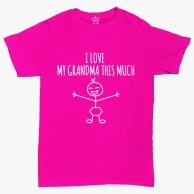 Pink T-shirt with I Love My Grandma This Much Print by Fay Lawson