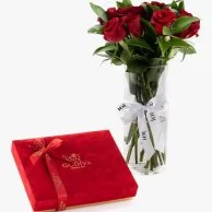 Red Chocolate Box by Godiva and Red Rose Bundle