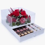 Red Roses and Acrylic Date &Chocolate Box by Palmeera