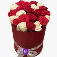 Red & White Roses in a Red Cylindrical Box (15-20 Roses)