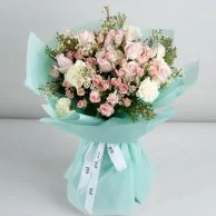 Summer Pink Roses Hand Bouquet with green Wrapping paper