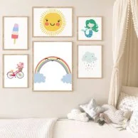Set of 6 - Mermaid  Rainbow Sun Popsicle Cloud & Bicycle Wall Art Prints by Sweet Pea