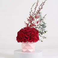 The Red Collection Flower Arrangement & Premium Assorted Chocolates by Bakery & Company Bundle