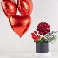 Triple Red Flower Arrangement and Red Hearts Balloon Bouquet Bundle