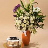 White Elegance Vase with Super Dad Cake by Helen's Bakery