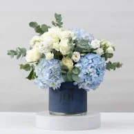 White Roses & Blue Hydrangea Flower Arrangement