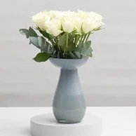 White Roses in Grey Vase Flower Arrangement and Crispy Chocolate By Fahda