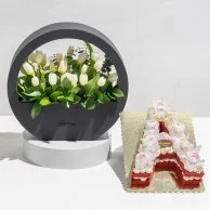 Winter White Tulip Ensemble Flower Basket and Letter Cake by Bakery & Company