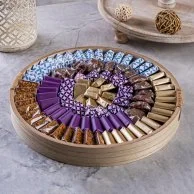 Wrapped Chocolate Arrangement in a Round Wooden Tray - Large