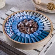 Wrapped Chocolate Arrangement in a Round Wooden Tray - Small