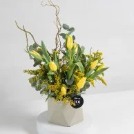 Yellow Solidago and Tulip Flower Arrangement