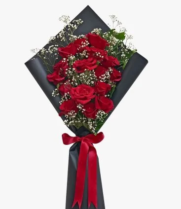 20 Red Roses in Black Paper Wrapping