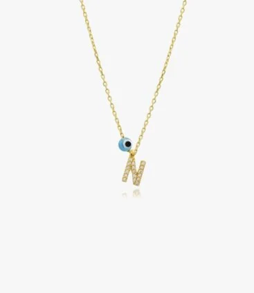 Golden Necklace With Letter N and Blue Bead by NAFEES