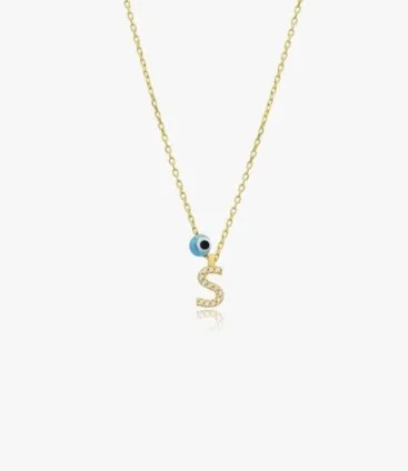 Gold Glittery Necklace With the Letter S and Blue Bead by NAFEES