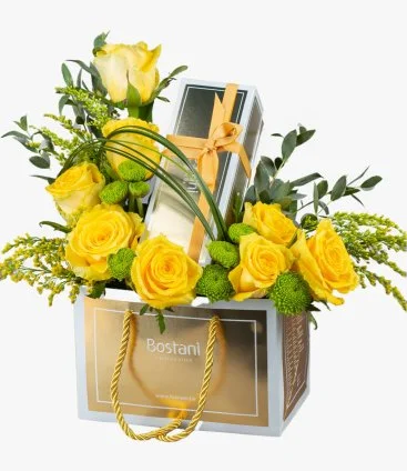 Bag And Chocolate Bostani With Natural Yellow Rose