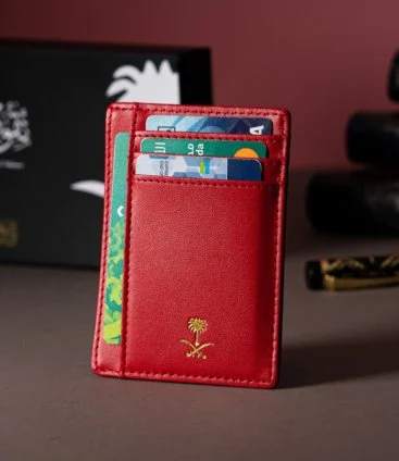 Red Leather Card Wallet With Golden Sword and Palm Logo