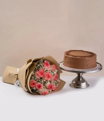 Chocolate Fudge Cake & Pink Roses Bundle by Sugar Daddy's Bakery