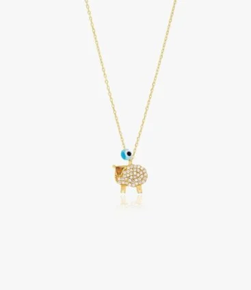 Gold Glittery Necklace With Lamb and Blue Bead Pendants by NAFEES