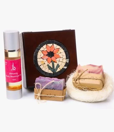 Handmade Wooden Box With Body Oil & Organic Soap by Dara Shop