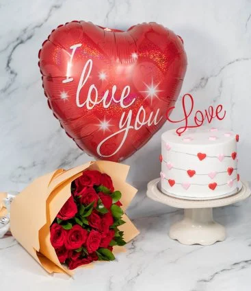 Love Cake and Red Roses Bouquet By Secrets