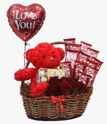Love Chocolates, Teddy Bear, & Roses Hamper 